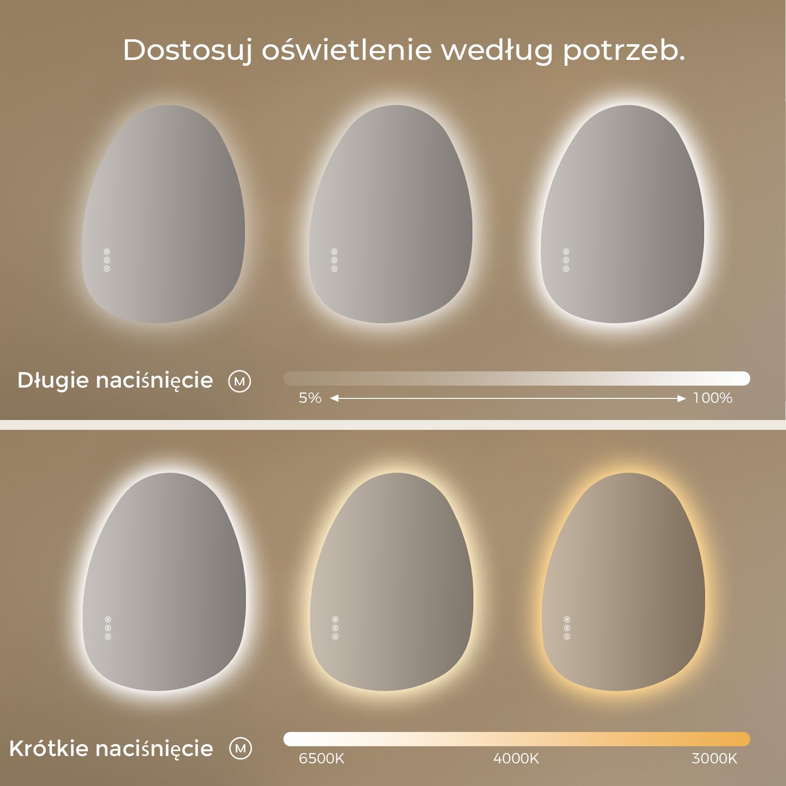 S'AFIELINA Asymetryczne Lustro łazienkowe LED, Lustro z oświetleniem LED 55x75 cm, Backlight, Antypara, 3000K/4000K/6500K, Ściemnialne, Funkcja pamięci, Sterowanie dotykowe, Montaż pionowy/poziomy