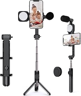 Galori F3 Smartphone Video Kit Phone Video Rig com luz de vídeo LED recarregável + Mini microfone + Tripé Stretchable Selfie Stick com suporte de telefone Obturador remoto para telefone Vlog Gravação