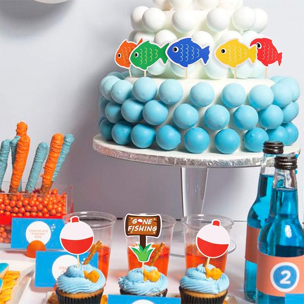 Gone Fishing Bobber Cupcake Toppers Kids Little Fisherman Birthday Party Cake Decoration Supplies 48pcs