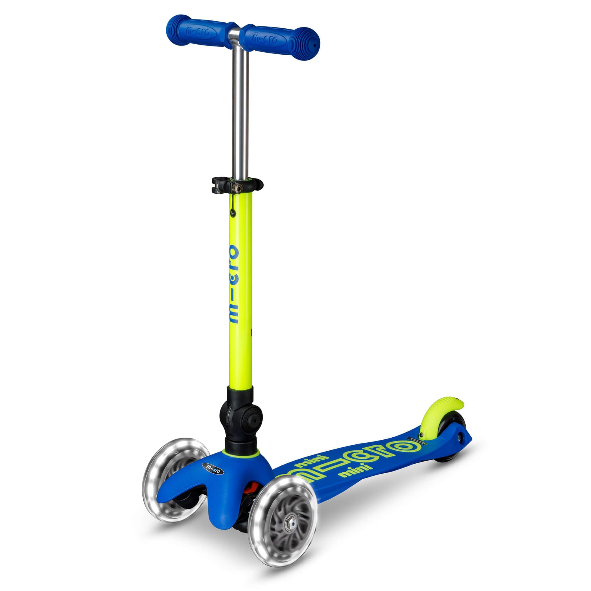 Micro Scooters | Mini Micro Deluxe LED Children's Scooter | Handlebar Adjustable & Foldable | Extra Grippy Deck | Light Up Wheels | Foldable | 2-5yrs | Boys & Girls | Blue/Yellow
