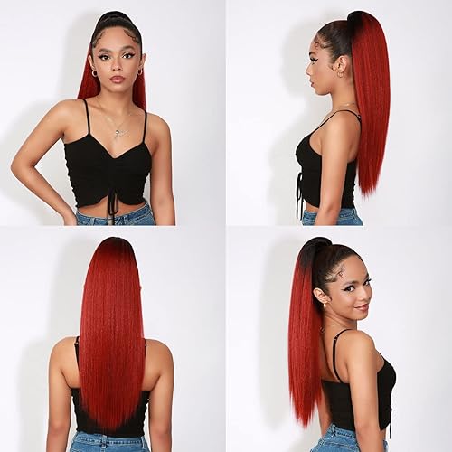 Miniatura 2 de GLAM21USA Extensión de cola de caballo Yaki recta de 24 pulgadas de largo con cordón para mujeres negras, extensión de cabello natural con clip,