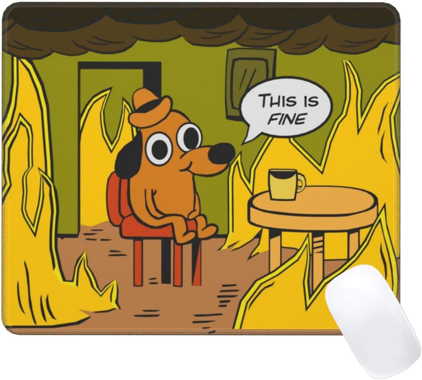 Funny Fire Dog This is Fine Meme Computer Mousepad Non-Slip Stitched Edge Laptop Gaming Mouse Pad 12"X10"
