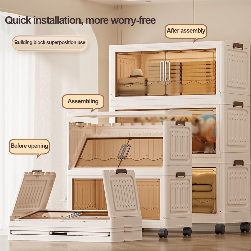Caja Plastico Almacenaje, Cajas de Plastico con Tapa y Ruedas, Caja Organizadora Plegable Transparente, Cajas de Almacenamiento Apilables, para Ropa Juguetes Camping
