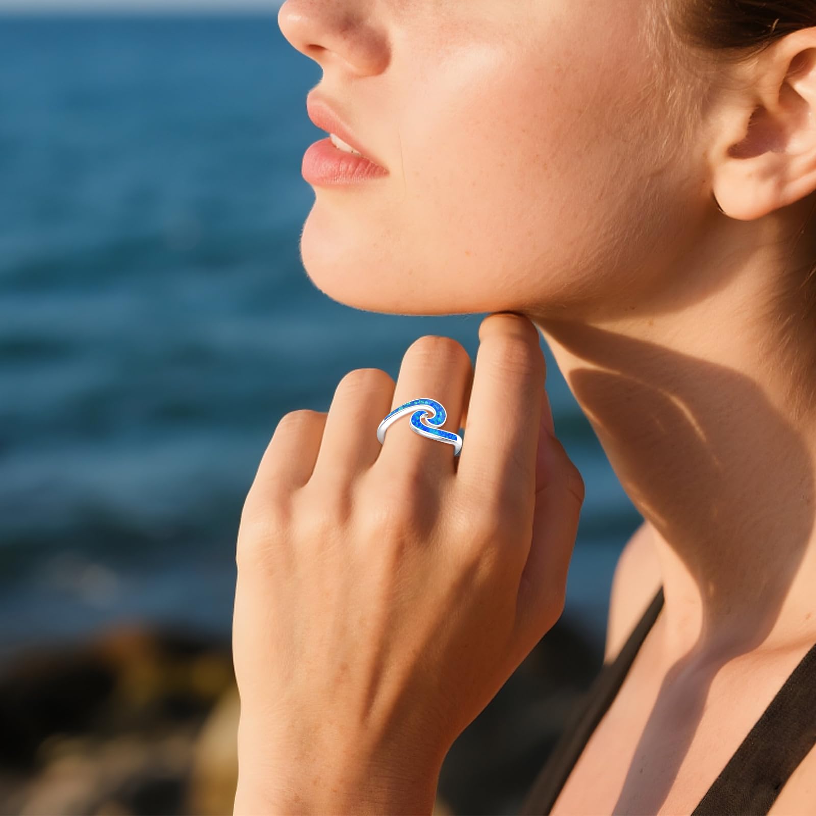 URONE Wave Ring 925 Sterling Silver Blue Opal Ocean Wave Rings Sea Beach Jewellery Gifts for Women