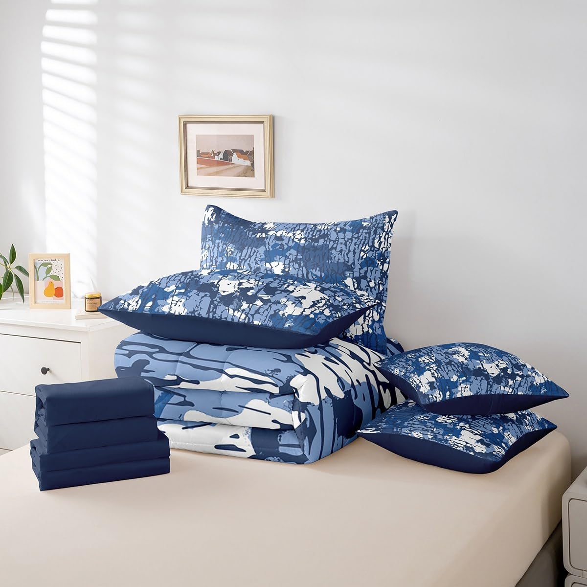 jejeloiu Blue Camouflage Comforter Set with Sheets Queen Size Kids Camo Bed in a Bag for Boys Girls Teens Military Style Disruptive Pattern Tree Branches Botanical 7 Pieces Bedding Set Soft Room Decor