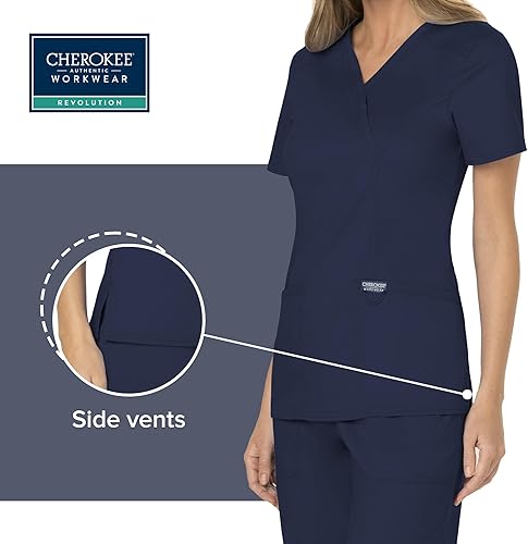 Miniatura 4 de Cherokee - Parte superior de uniforme médico para mujer con envolvente falso y 3 bolsillos, tela suave, elástica en 2 direcciones y duradera - WW610