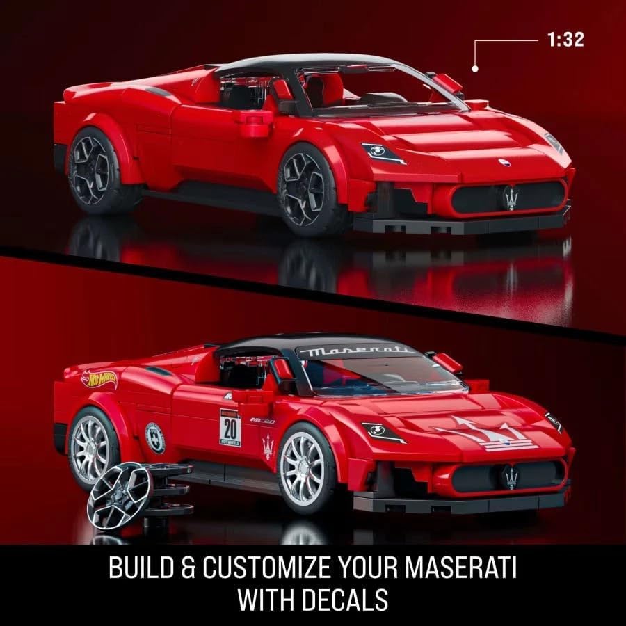 Two versions of the 1:32 scale Maserati MC20 model, one plain and one customized with decals, demonstrating build and customization options.