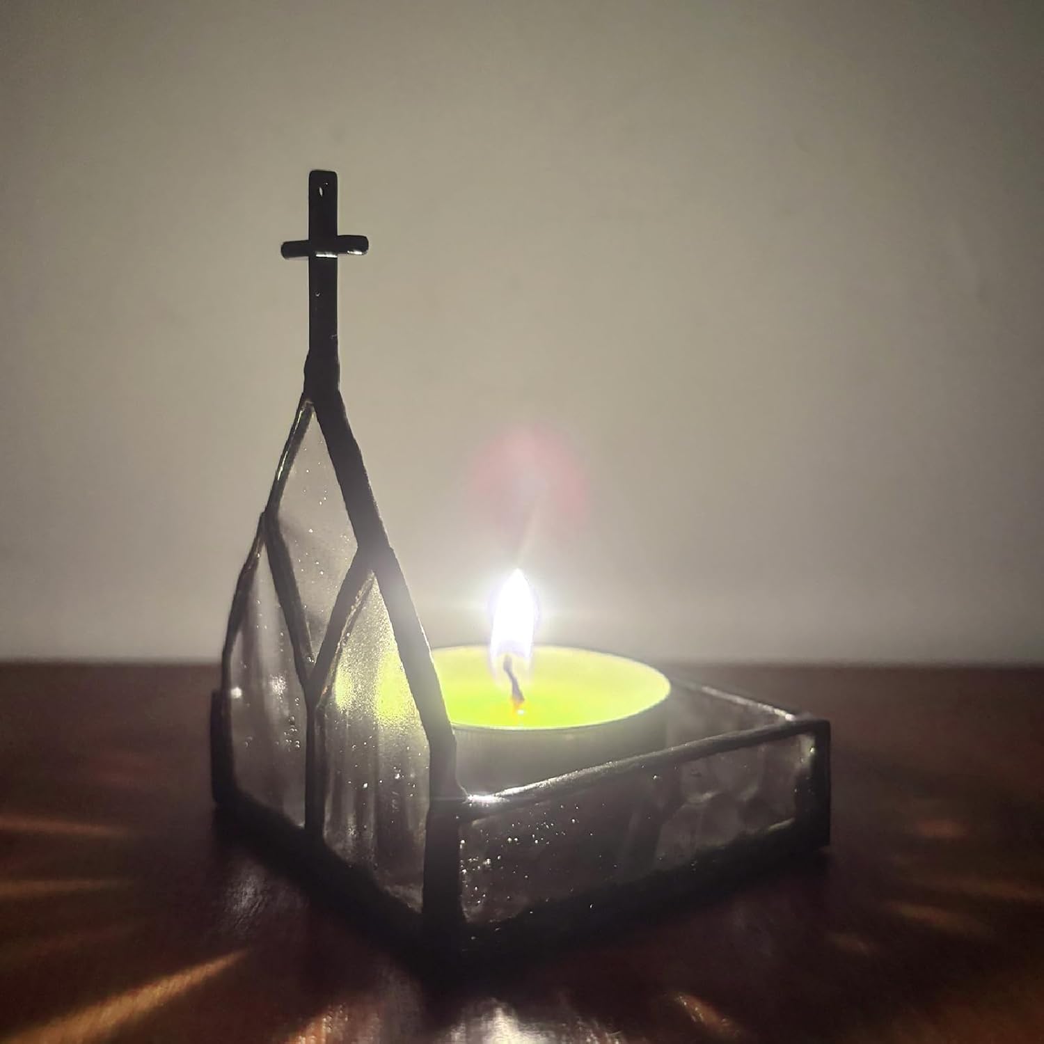 Handmade Stained Glass Church Candle Holder - Religious Home Decor for Prayer Altar & Windowsill, Sacred Gift for Christians, Mom & Wife, Christmas Easter Baptism Wedding, Winter, 3"x2.2"x2.2"