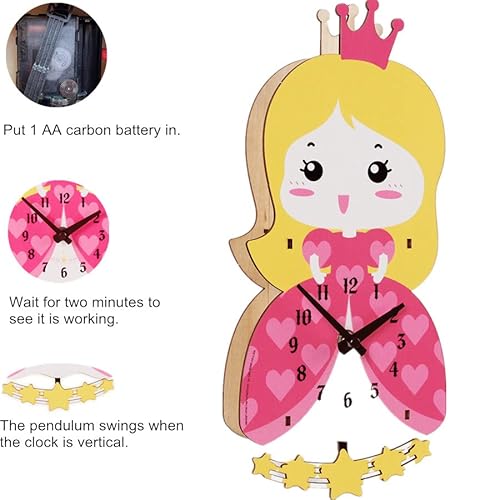 Konjouror Princess Kids Bedroom Nursery Wall Clock Decorative 3D Cartoon Wall Clock Battery-Operated, Tick-Free Wooden Wall Clock With Pendulum Kids Learning Clock, Princess Wall Decor #TOP3
