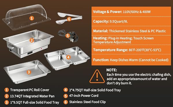 PrecisionAuto 9QT Electric Chafing Dish Buffet Set – Commercial Stainless Steel Food Warmer with Roll Top, Clear Lid, Accurate Temperature Control, 1 Full Size & 2 Half Size Pans by PrecisionAuto - Used condition - Image 7