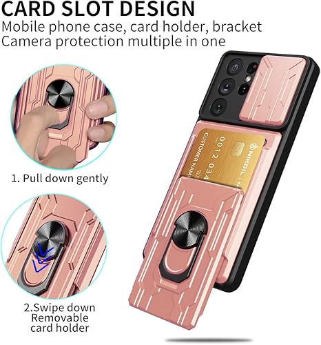 Miniatura 5 de Funda para Galaxy S21 Ultra 5G, diseñada para Samsung S21U con protector de pantalla, soporte para tarjetas desmontable, ranura para anillo, soporte