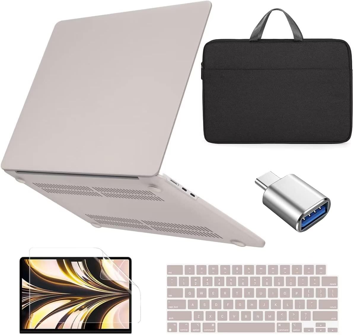 Compatible with MacBook Air 13.6 inch Case 2022 2024, Hard Shell Case + Bag + Keyboard Cover + Screen Protector + USB Adapter for New MacBook Air 13 inch M2 M3 Chip A2681 A3113, Cream Stone