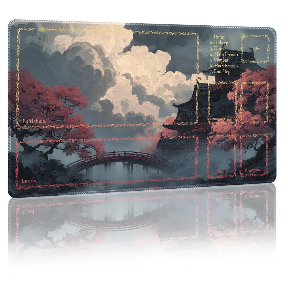 DUNQEO Fantasy Game Mat Compatible with MTG, TCG – 24”x14” Playmat with Stitched Edges for Trading Card Games, Board Games & Desk Use(Mistveil,with Game Zones)