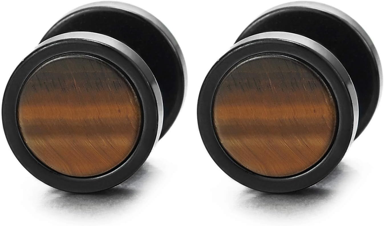 Mens Women Black Circle Stud Earrings with Stone Veins Acrylic, Steel Cheater Fake Ear Plugs Gauges