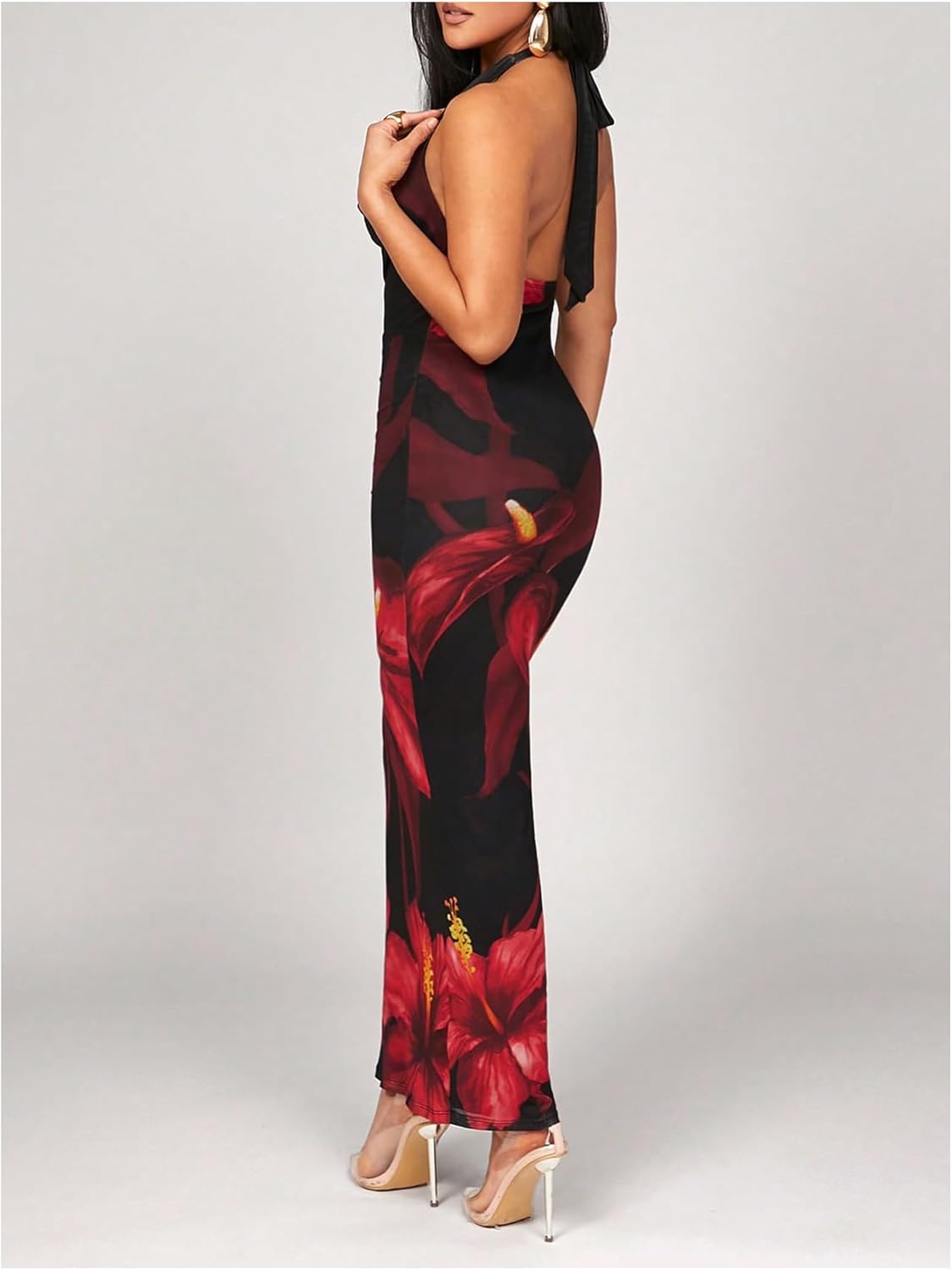 SHENHE Women's Sexy Floral Maxi Dress Halter Tie Backless Cowl Neck Bodycon Party Dress - Image 2