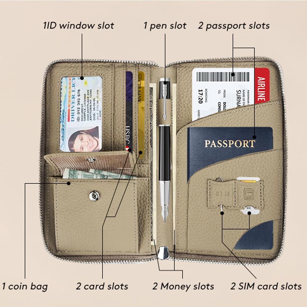 Leather Travel Wallet, RFID passport wallet for travel, with Zippered Pocket and Cash Slot, for Secure Traveling and Documentation Organizer (Eephant Grey) - Image 2