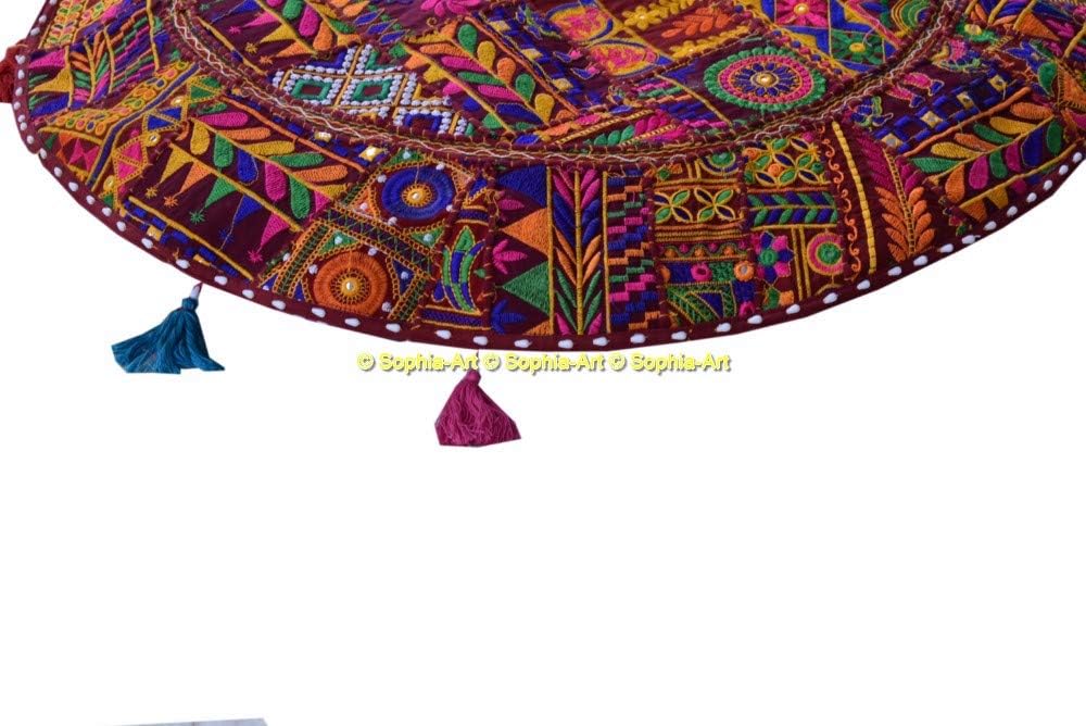 Sophia Art Round Floor Pillow Cushion Patchwork Pouf Ottoman Vintage Indian Foot Stool Bean Bag Floor Pillow Cover Home Decor Living Room Ottoman Bohemain Pillows (Dark Red Rajkoti, 32 Inch)