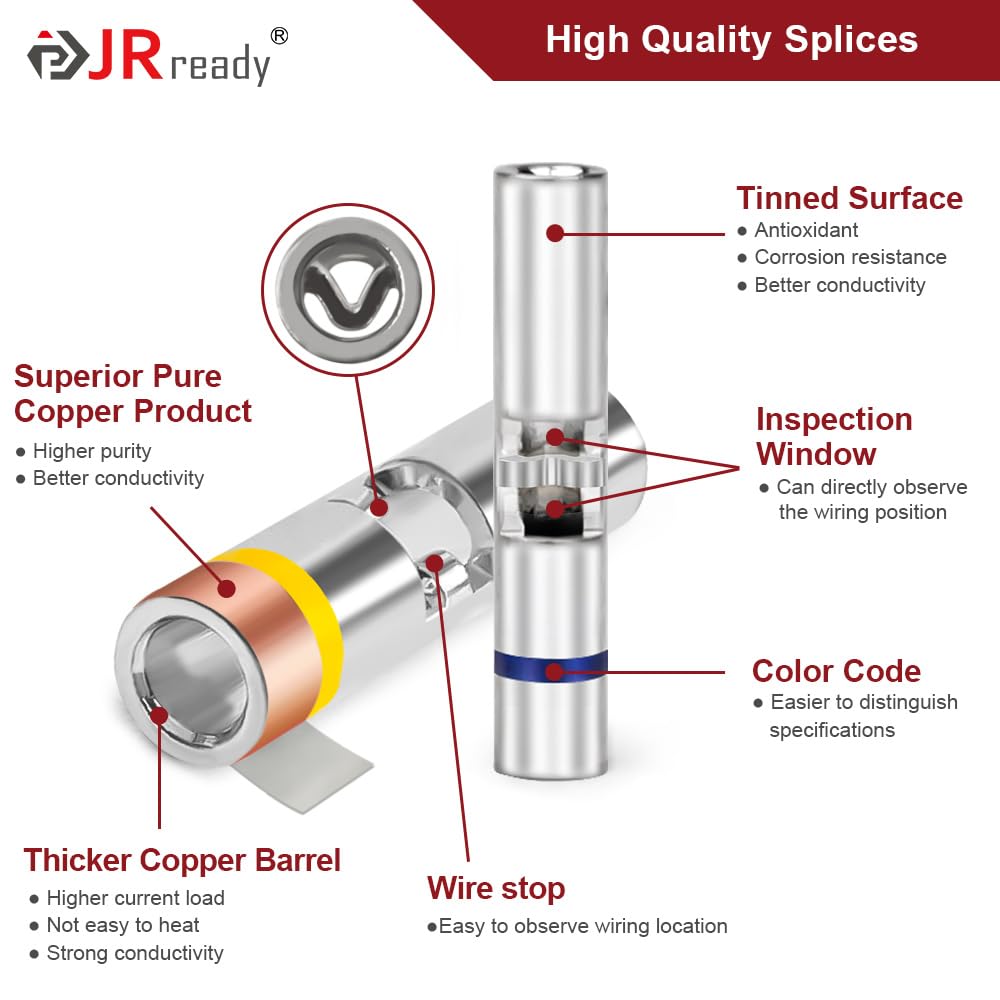 JRready ST2172 Set di 300 connettori termorestringenti IP68 impermeabili 12-26 AWG Wire Butt Splice Crimp Blu Rosso Giallo Connettori per Marine Automotive Manutenzione Elettrica