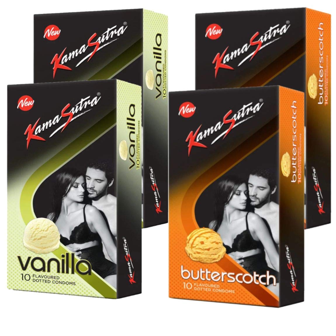 A 'KAMASUTRA' Lubricated Condoms Multi Colored Butterscotch Flavour Condom Made of Natural Rubber Latex For Men(4 Pack Of 40 Condom)