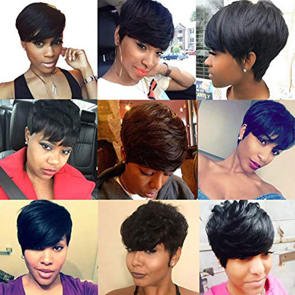 Short Pixie Cut Human Hair Wigs Brazilian Straight Hair Wigs None Lace Front Wigs Machine Made Wig for Black Women Natural color (8INCH, 1B)
