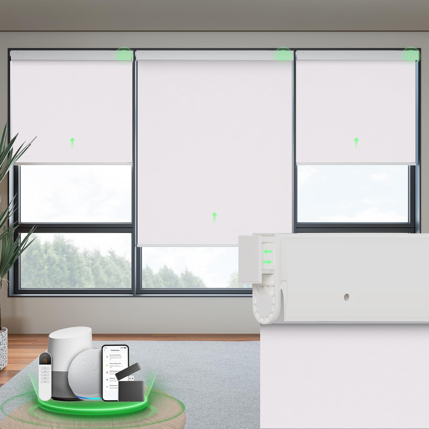 DONGFXK Motorized Blinds with Remote, Blackout No Drill Cordless Smart Roller Shades, Automatic Blinds for Windows, White,48" W x 72" H