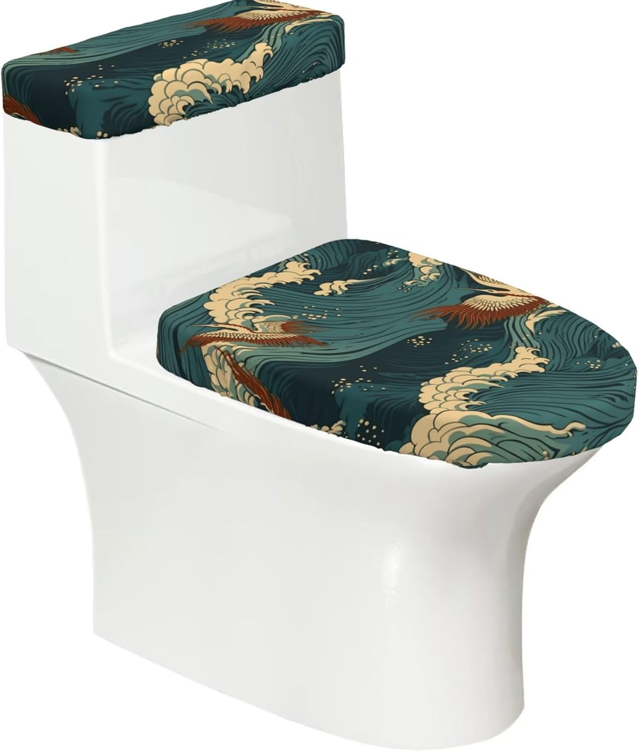 2 Pcs Toilet Lid Cover and Toilet Tank Lid Cover, Washable Toilet Cover with Elastic Bottom Replacement Soft Stretch Toilet Seat Cover Set Japan Wave Wallpapers Bathroom Decor
