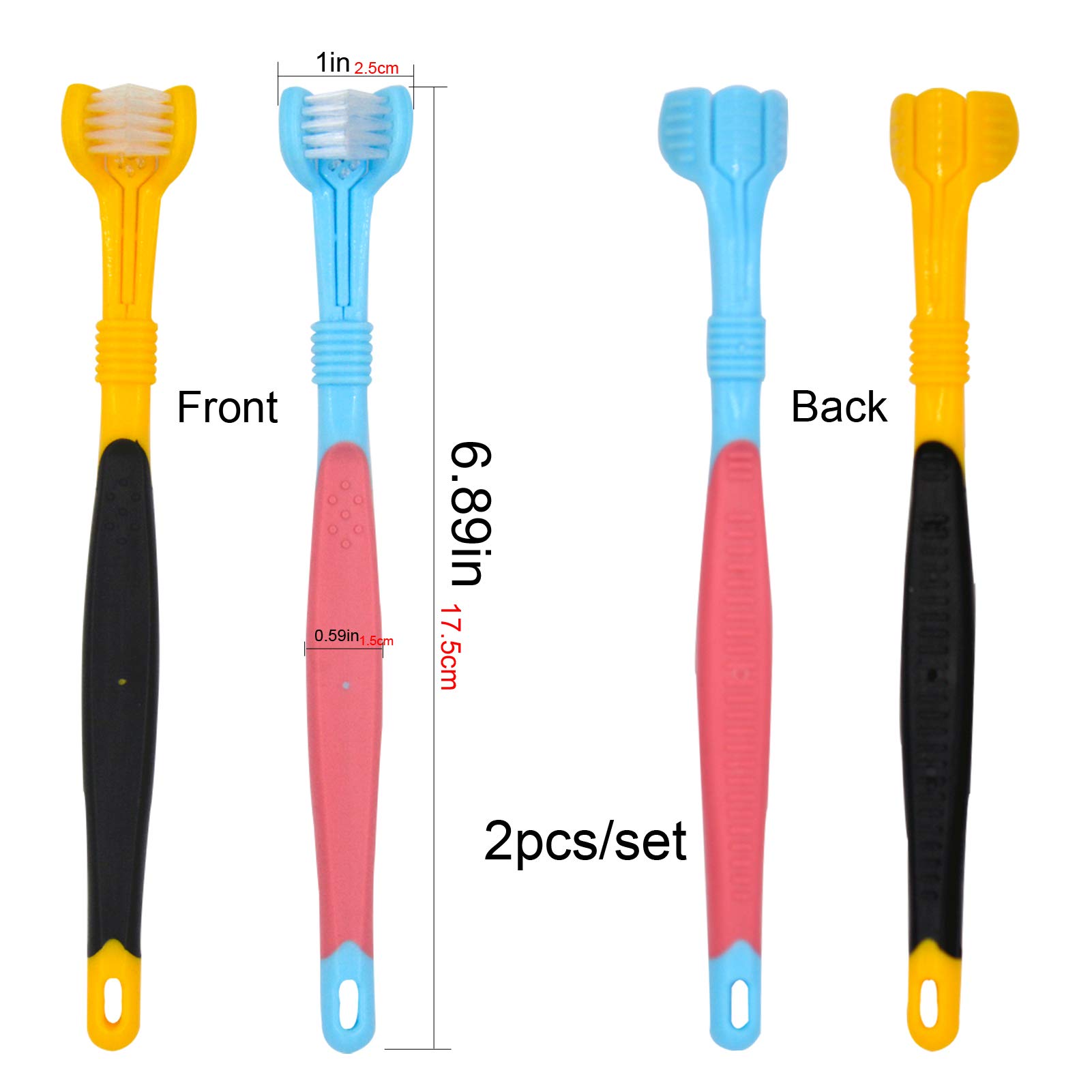 OperSeven Dog Toothbrushs, 2pcs Blue Yellow, Suitable for Adult Dogs, Three Sided Design for Easy Teeth Cleaning 2
