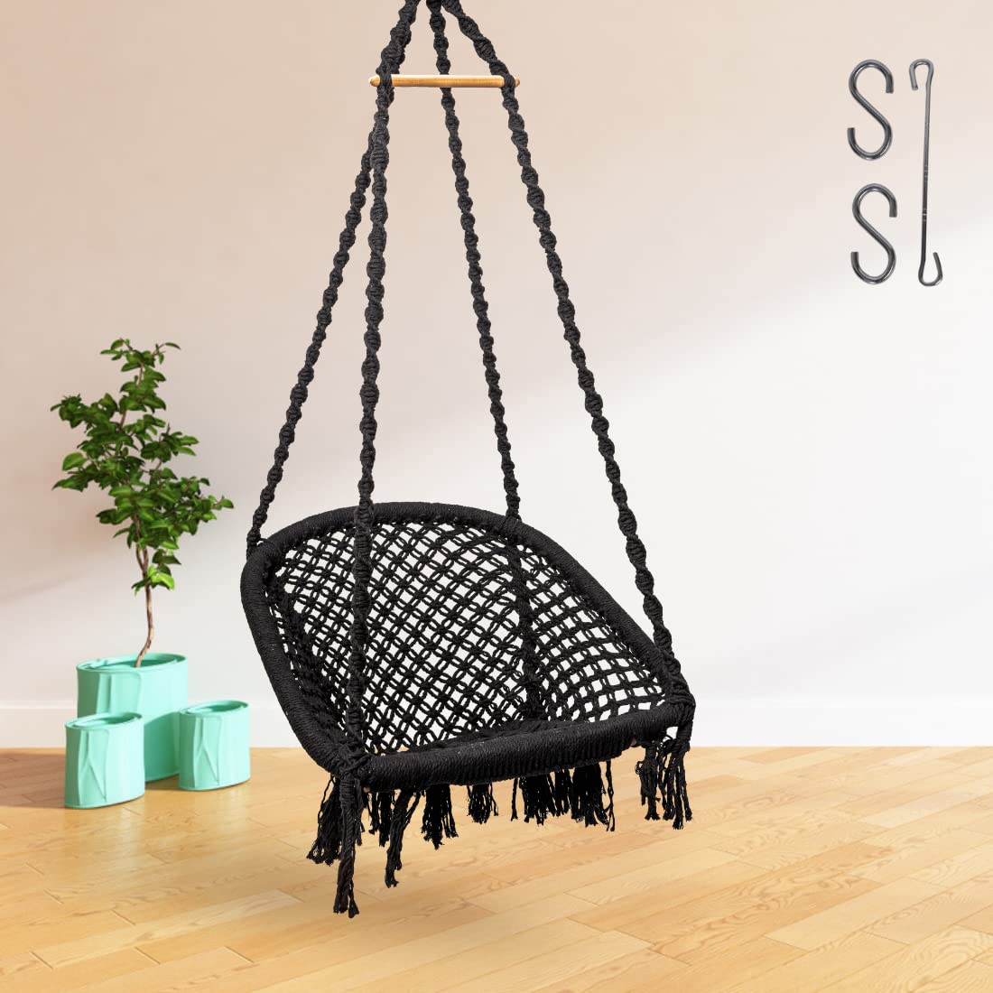 Curio Centre Make in India Premium D Shape Cotton Swing for Home & Hammock Chair with Hanging Accessories/Swing Chair Balcony/Swing Chair for Indoor for Outdoor (Black)