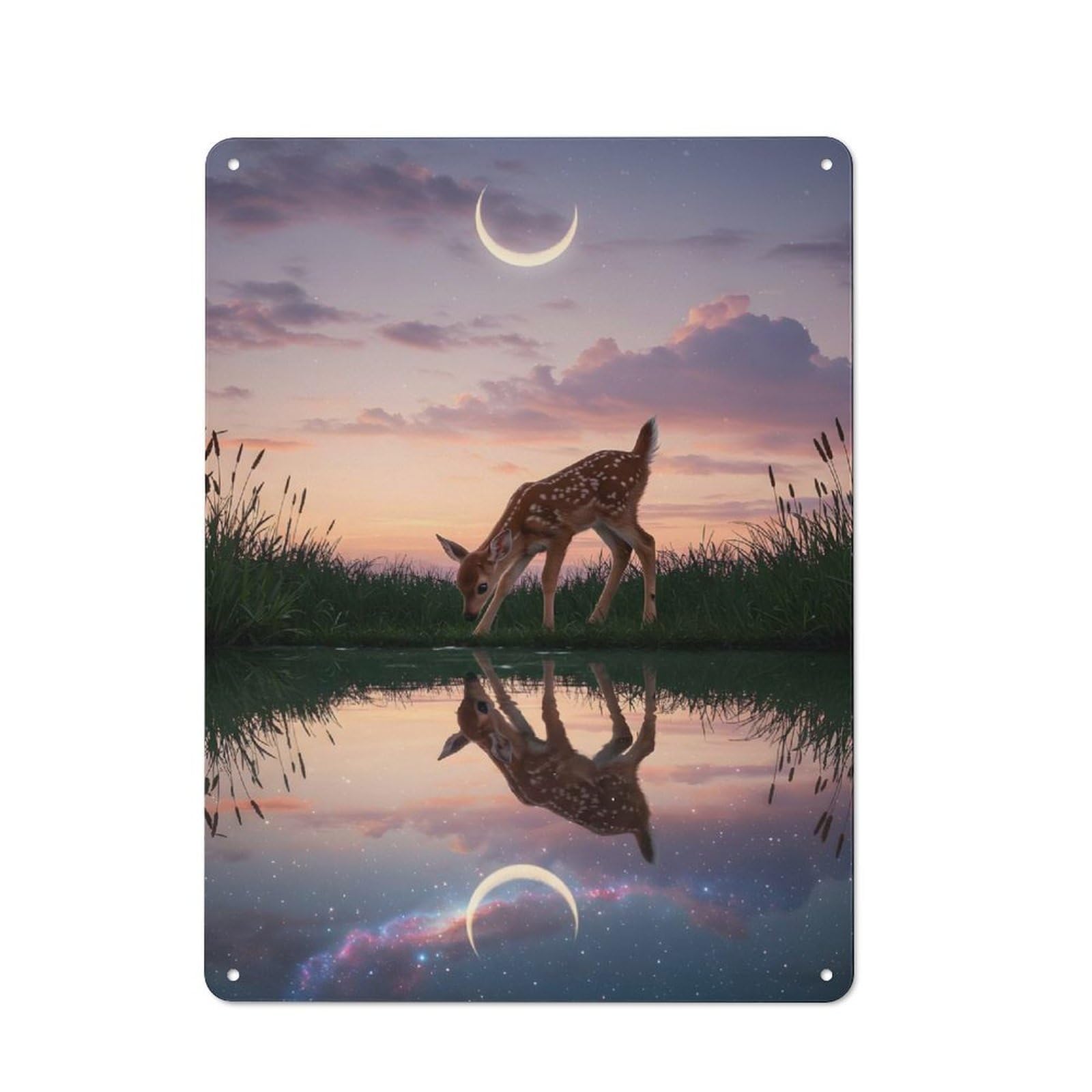 Junmoney Fawn Drinking At Twilight Reflection 40X30cm Rustic Metal Sign With For Hobby Room Or Studio, Metal Sign Decor For Hobby Rooms And Studios