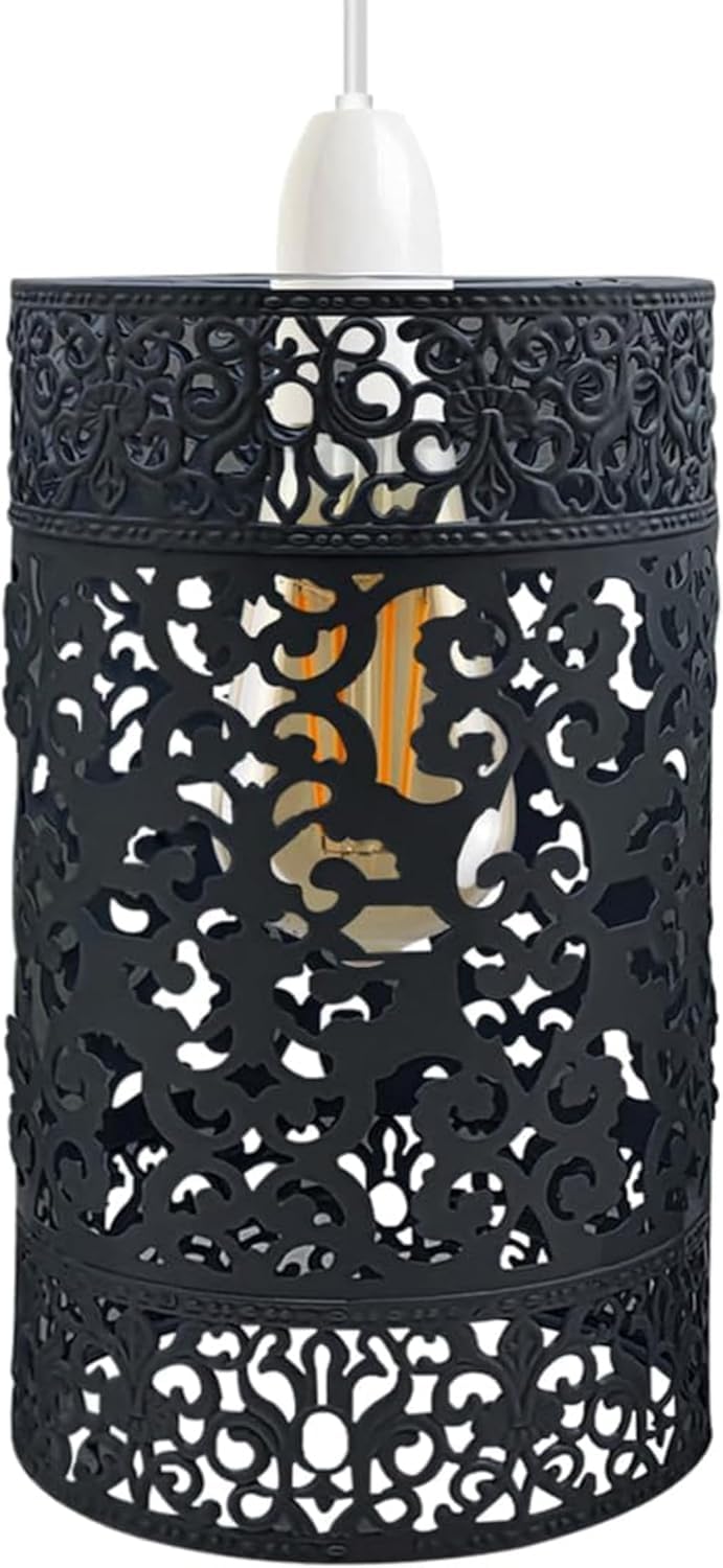 Dc Voltage Black Unique Moroccan-Designed Metal Circular Pendant Light Shade With Floral Decor | 13.5Cm Diameter, Easy Fit Metal Cage Drum Lampshade Ceiling Pendant Lampshade With Reducer Plate