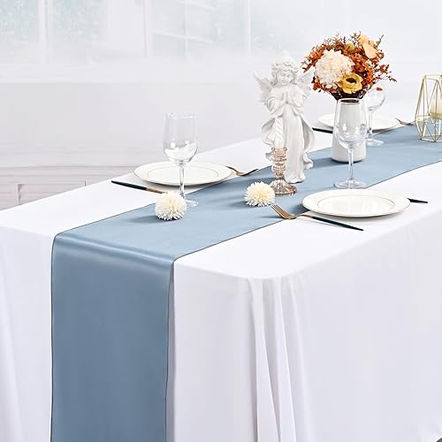 Miniatura 5 de Paquete de 15 caminos de mesa de satén azul polvoriento de 12 x 108 pulgadas de largo para mesas redondas rectangulares, camino de mesa de satén