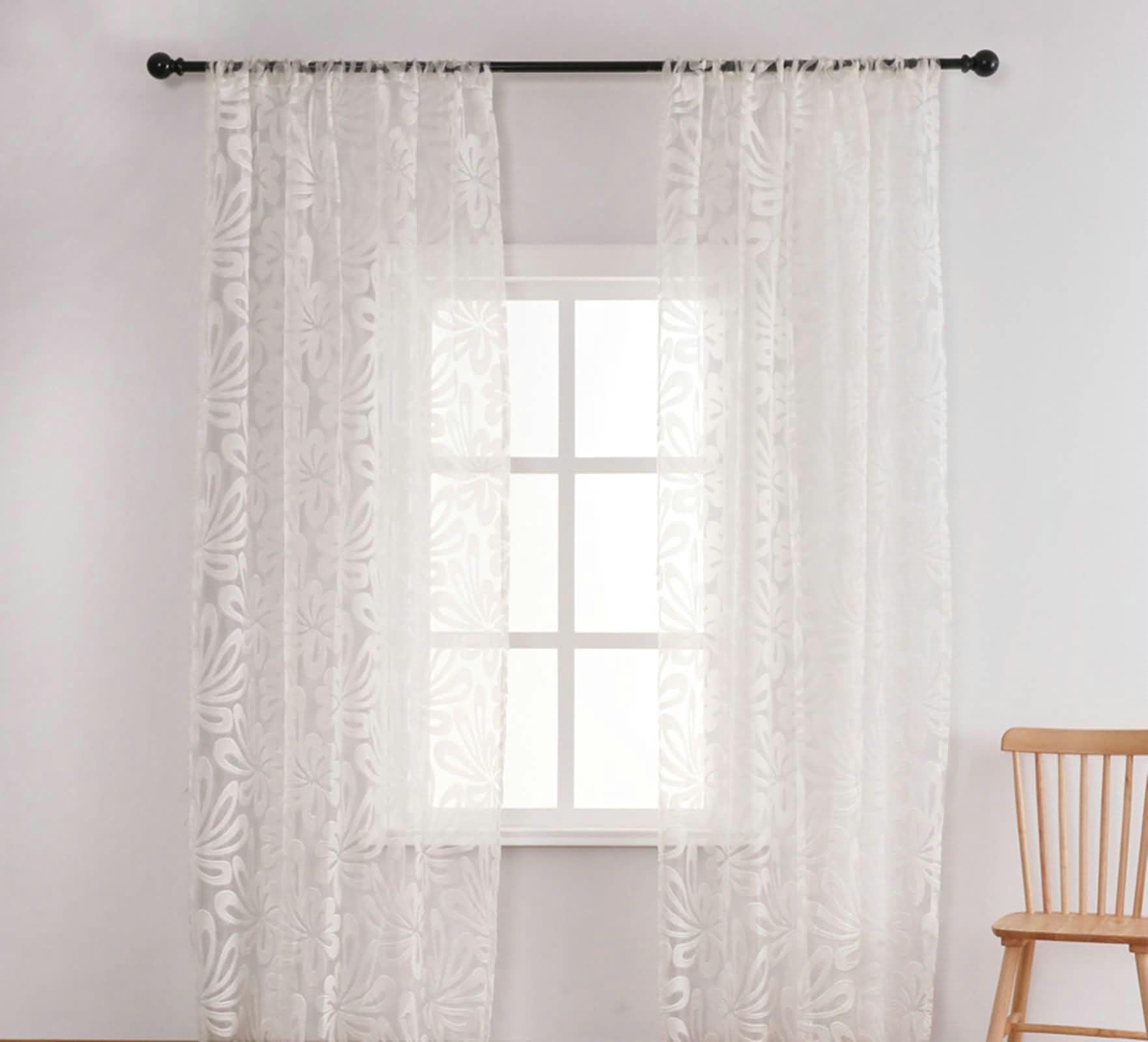 Vorhänge 2er Set, Vorhänge Lichtdurchlässig mit Einfach Blumen Muster Wohnzimmer Vorhang Fenster H 183 x B 107 cm, Weiß