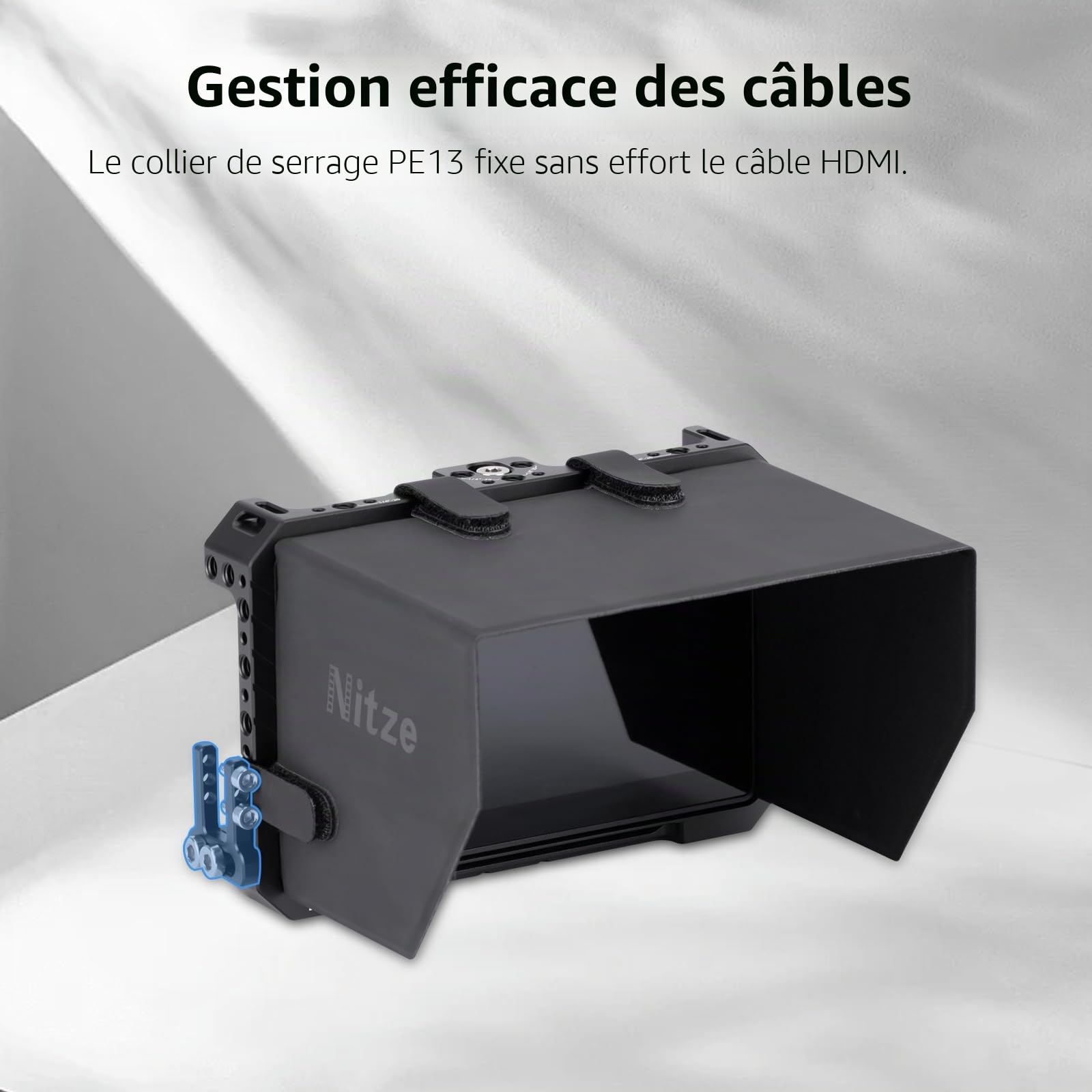 Nitze Cage pour moniteur PortKeys BM5 IV / BM5 IV WR / BM5 III / BM5 III WR avec pare-soleil en cuir PU - JT-I05B