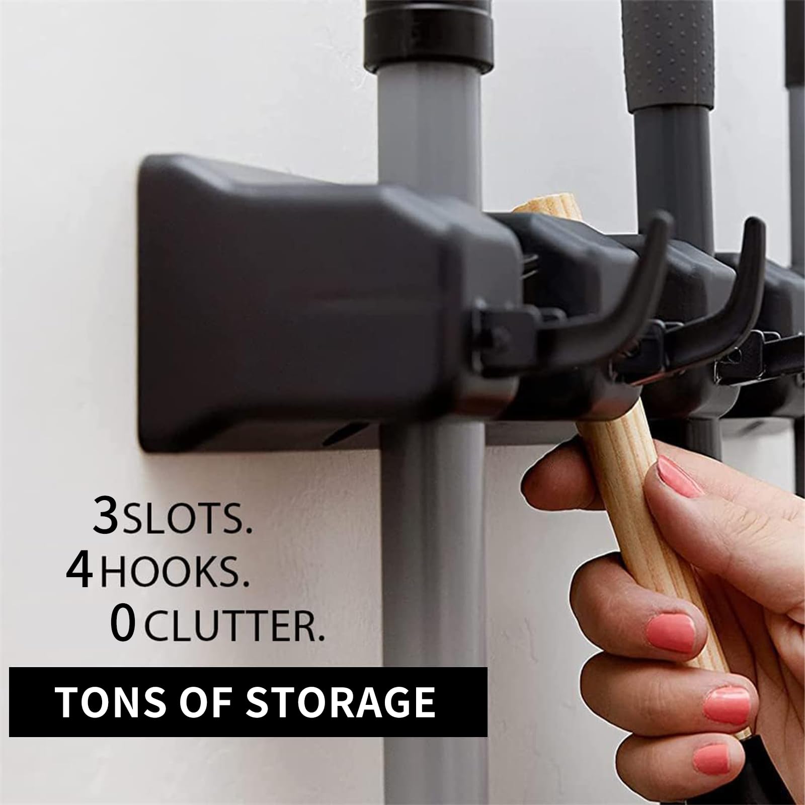 Soporte de pared para escoba y trapeador, colgador de ganchos para trapeadores y escobas, kit organizador con 3 ranuras y 4 ganchos, perfecto para casa, baño, lavandería, jardín, sala de 3