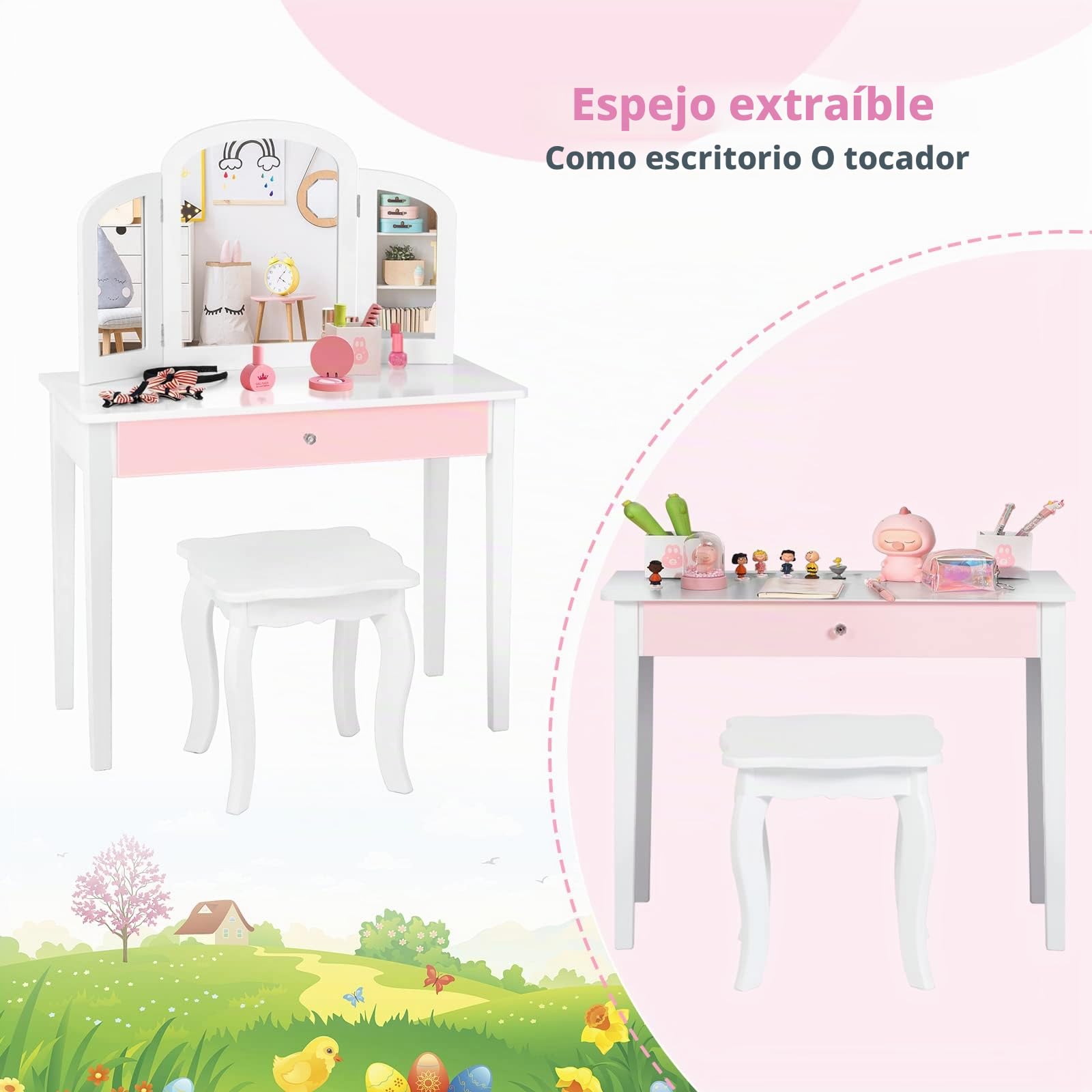 RELAX4LIFE 2 en 1 Tocador de Maquillaje Niña con Taburete y 3 Espejos Extraíbles, Tocaodr Infantil y Escritorio Niña de Madera con Cajón, Maquillaje Niña (Blanco)