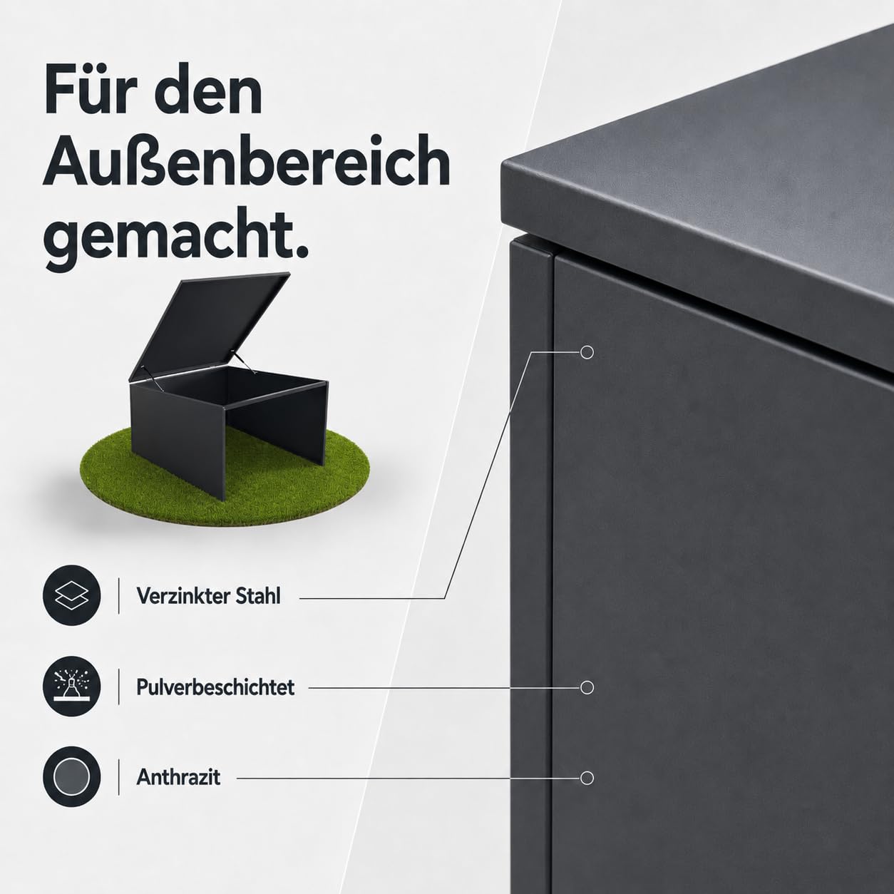 Mähroboter Garage aus verzinktem Stahl, pulverbeschichtet, Anthrazit | 77 x 90 x 53,5 cm | öffnendes Dach, Rasenroboter Garage, Carport für Rasenmäher Roboter, Rasenroboter inkl. Erdanker