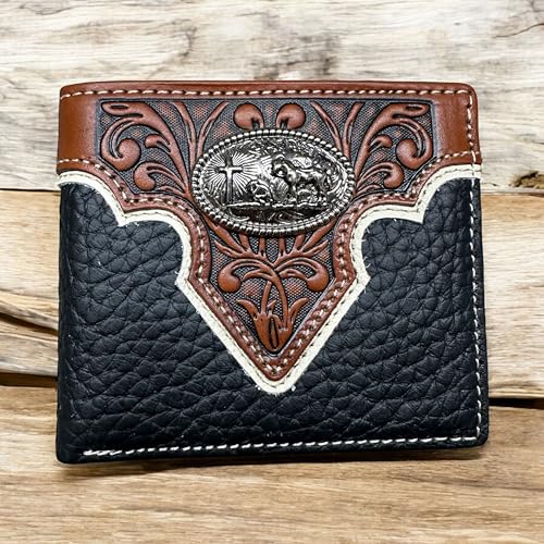 Men’s Short Leather Wallet – Tooled Top Inlay with Cowboy Praying at Cross Concho – Christian Western Bifold Wallet for Ranchers, Cowboys & Faith-Based Gifts2