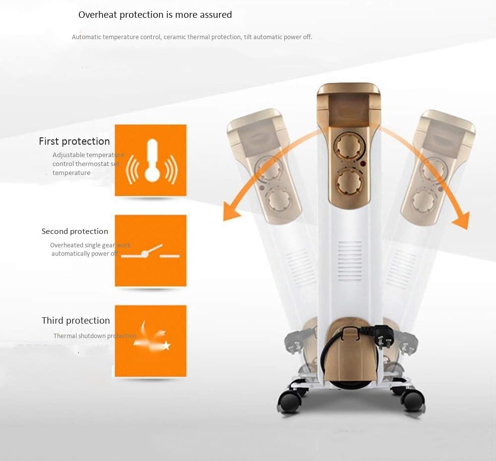 Three-Speed Adjustment Oil Filled Heater Fast Heating Intelligent Constant Temperature Radiant Heater with Drying Rack Universal Caster for Bathroom Bedroom Gold