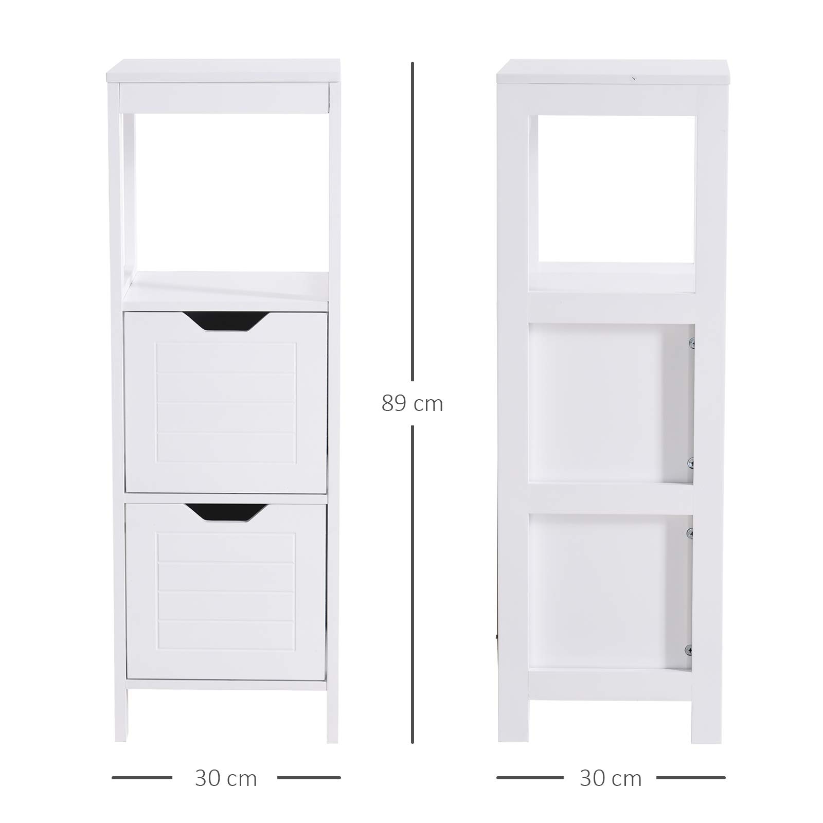 kleankin Armario de Baño Gabinete Multifuncional con Estante Abierto 2 Cajones de Almacenaje Diseño Antivuelco 30x30x89 cm Blanco