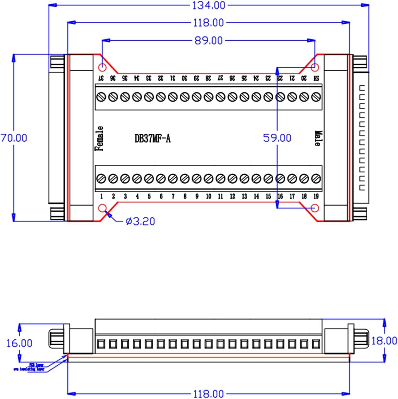2PCS DB37 Male to Female Terminal Breakout Board, RS232 D-SUB Serial to 37 Pin in One Breakout Board Solderless Port Terminal Block Gender Changer