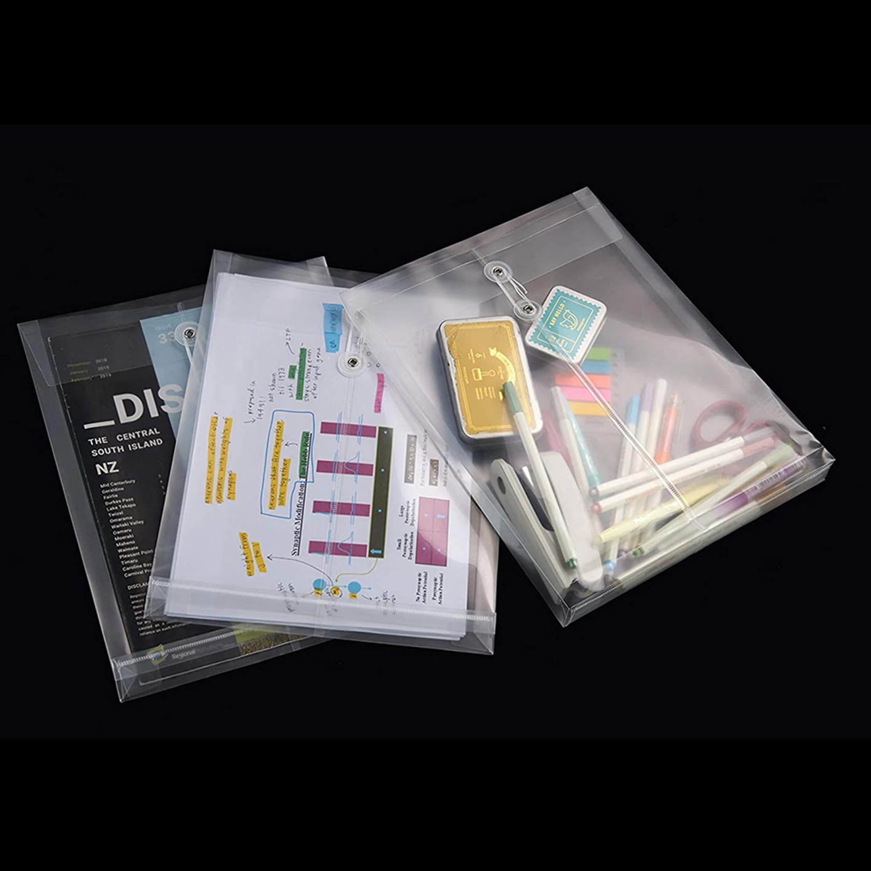 Confezione da 48 buste in plastica trasparente, espandibili, con chiusura a bottone e laccetto, formato A4