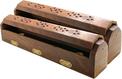 Vista 19 de Paquete de 2 quemadores de incienso de madera tipo ataúd - Incrustaciones de latón de 12 pulgadas - Compartimento de almacenamiento (Buddha)