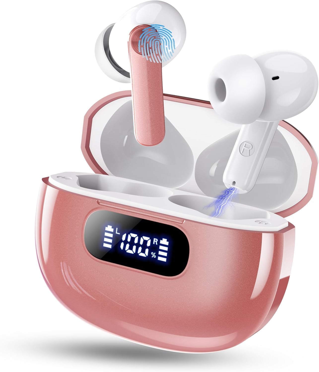 Ear buds Wireless Earbuds, Bluetooth 5.3 Headphones 2025 Wireless Earphones, 4 ENC Noise Cancelling Mic, HiFi Stereo, 48H Playtime Mini In Ear Bluetooth Earbuds LED Display IP7 Waterproof, Rose Gold