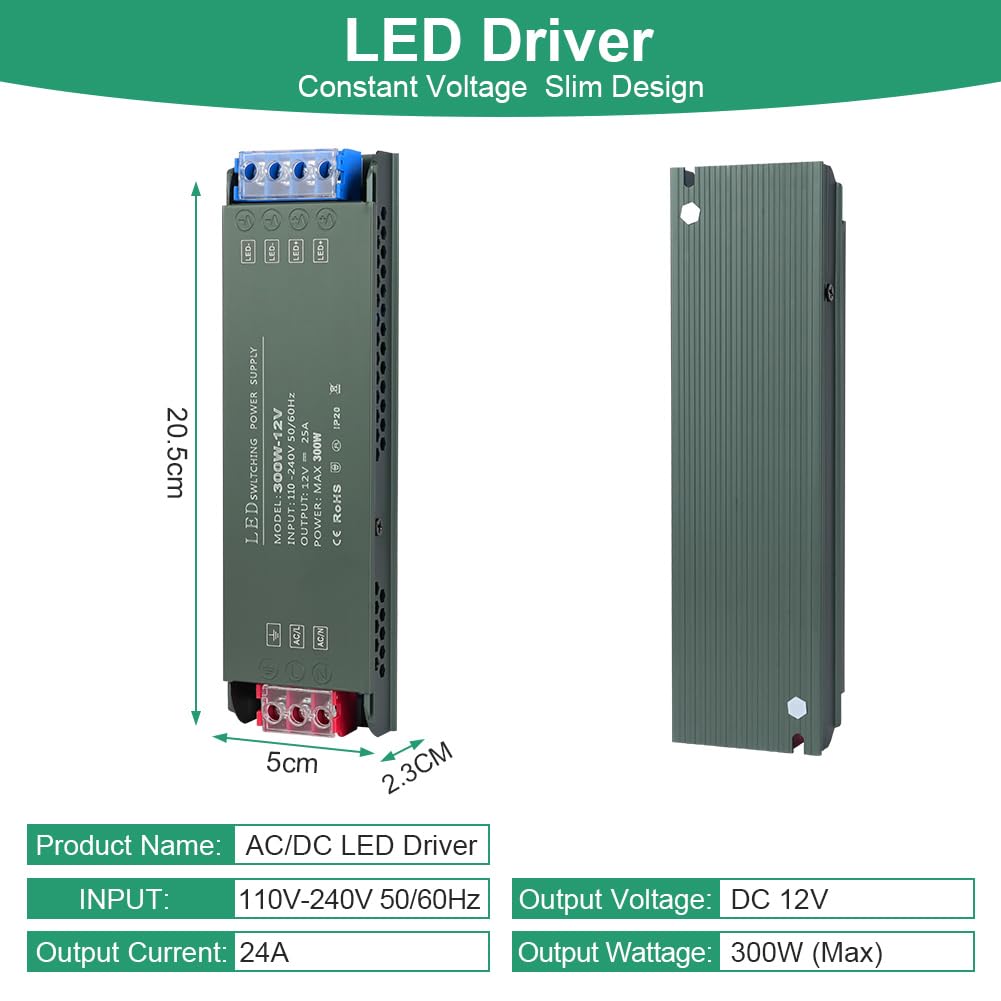 URAQT Trasformatore LED da 220V a 12V, Alimentatore LED 12V 300W, Ultra Sottile Trasformatore LED Driver, Nessun Rumore Driver LED di Tensione Costante, per Bassa Tensione Striscia LED, Lampade LED