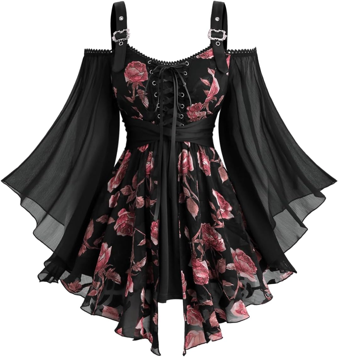 Rosegal Plus Size Women Gothic T-Shirt 2 in 1 Top Cold Shoulder Chiffon Bell Sleeves Rose Flower Print Lace Up Flowy Top