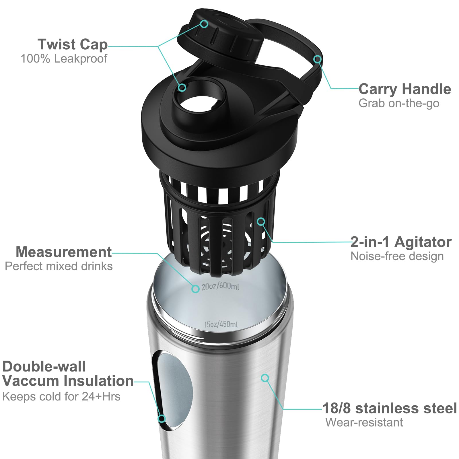 Greatyos Borraccia shaker in acciaio inox con design silenzioso, brevettata, da 680,4 g, per miscele di proteine e pre allenamento, 100% a prova di perdite (acciaio)
