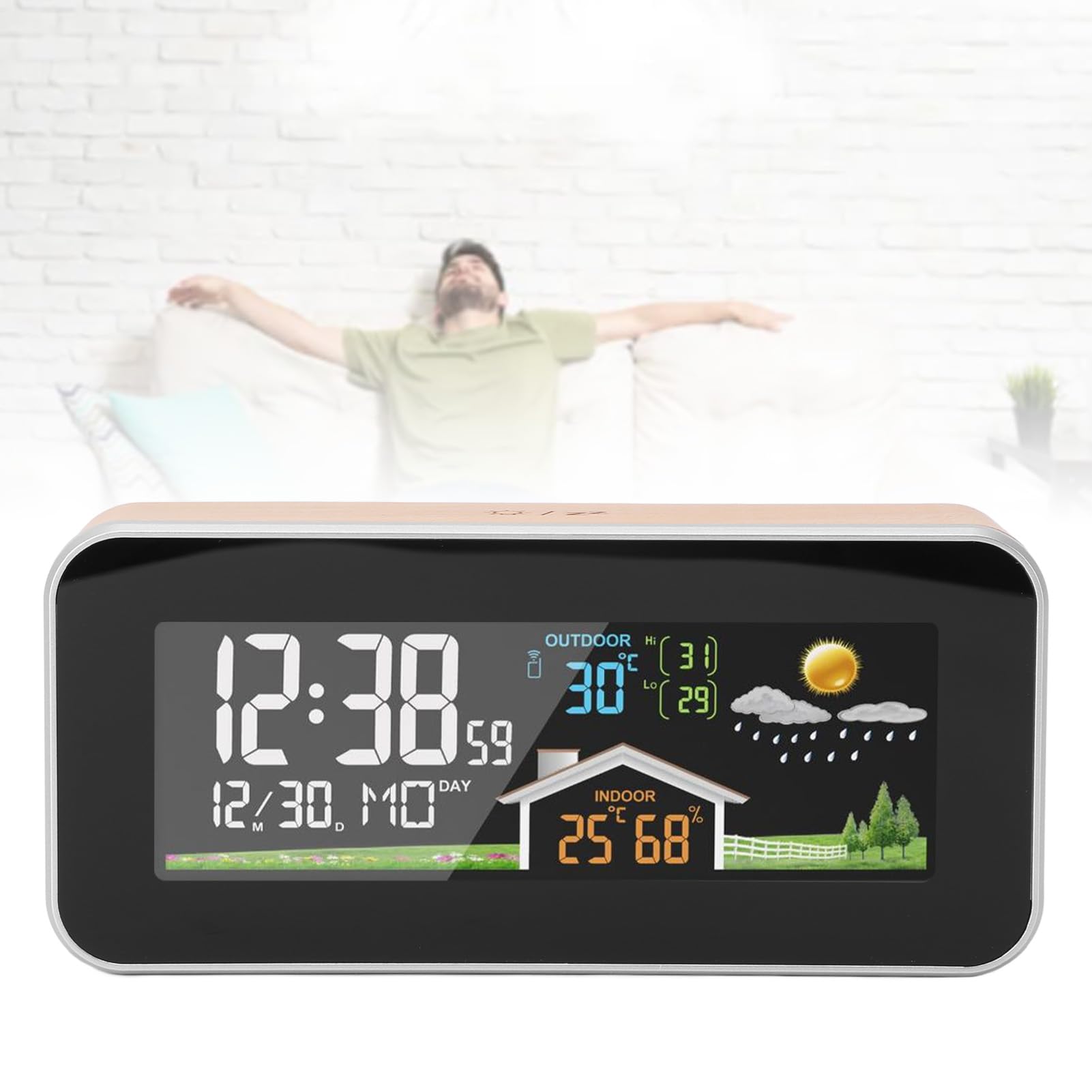aqxreight Color Display Digital Weather Alarm Clock Temperature Sensor Indoor Outdoor Beech Wood ABS Material