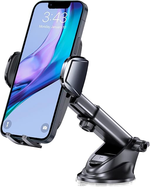 Josnown Car Phone Holder, 2022 Upgraded Shockproof Car Phone Mount, Strong Suction, 360 Degrees Rotation, One Button Release - Universal Windscreen Dashboard Stand for Mobile Phones 3.8-6.8 inches