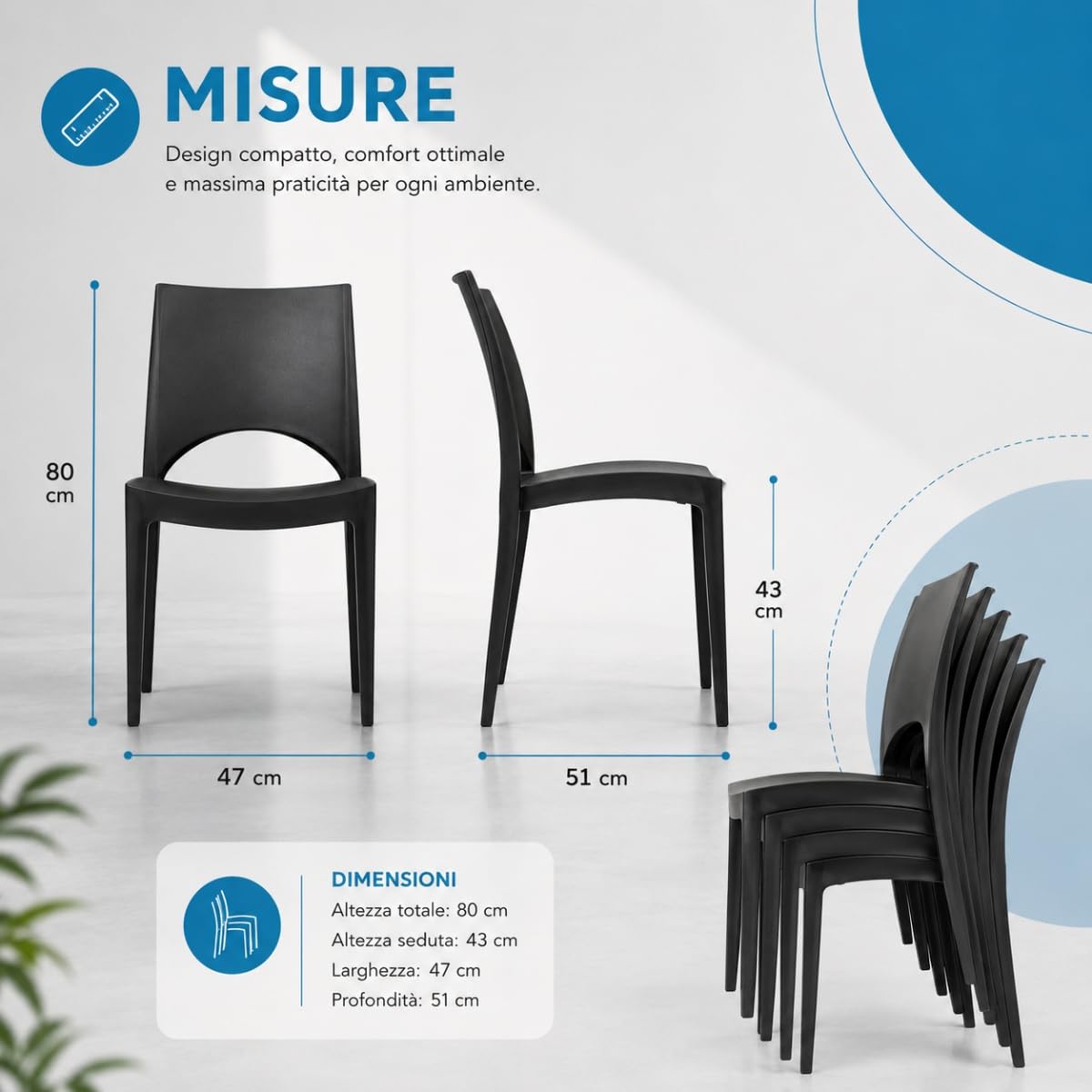 Tomaino Sedia da Giardino in Plastica Paris - Sedia Impilabile Resistente per Interno ed Esterno - Polipropilene con Fibra di Vetro - Ideale per Casa, Terrazzo, Bar e Ristoranti (6, Nero)