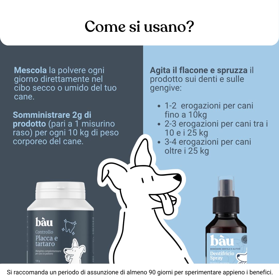 Bàu Kit Igiene Orale Cane Completo – Polvere Antiplacca con Ascophyllum Nodosum + Dentifricio Spray – Rimuove Tartaro, Alito Fresco, Denti e Gengive Sane Senza Spazzolino